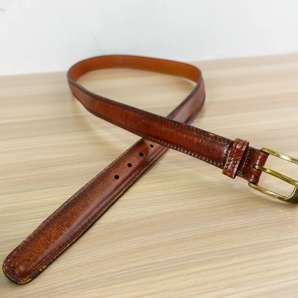 Classic Brown Leather Belt Mens 38 TRAFALGAR Gold Brass Buckle Veal Preppy Ivy